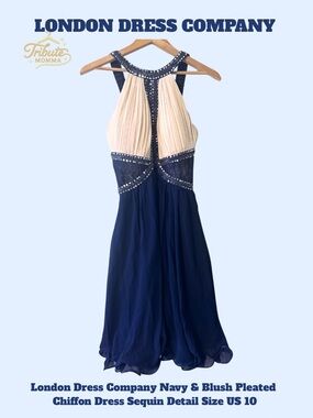 London Dress Company Navy & Blush Pleated Chiffon Dress Sequin Detail Size US 10
